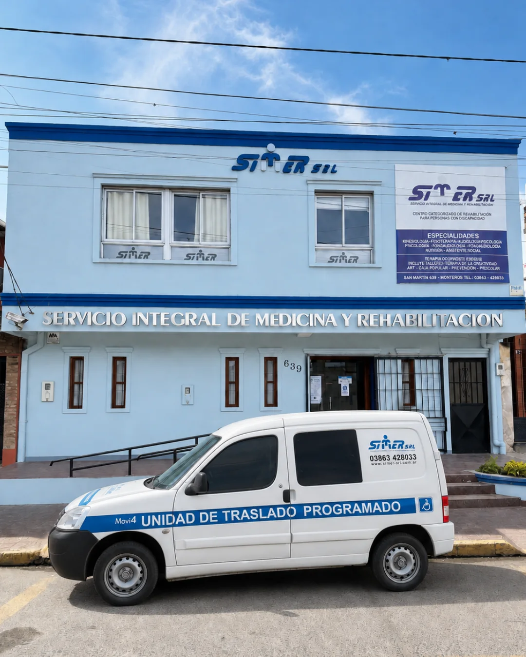 Fachada de SIMER en San Martín 639, Monteros, con una unidad de traslado programado